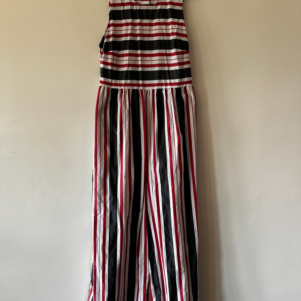 Anthropologie Black and Red Striped Jumpsuit with Wide-Leg Design